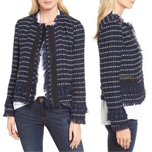 Fringed Navy Tweed Open-Front Jacket